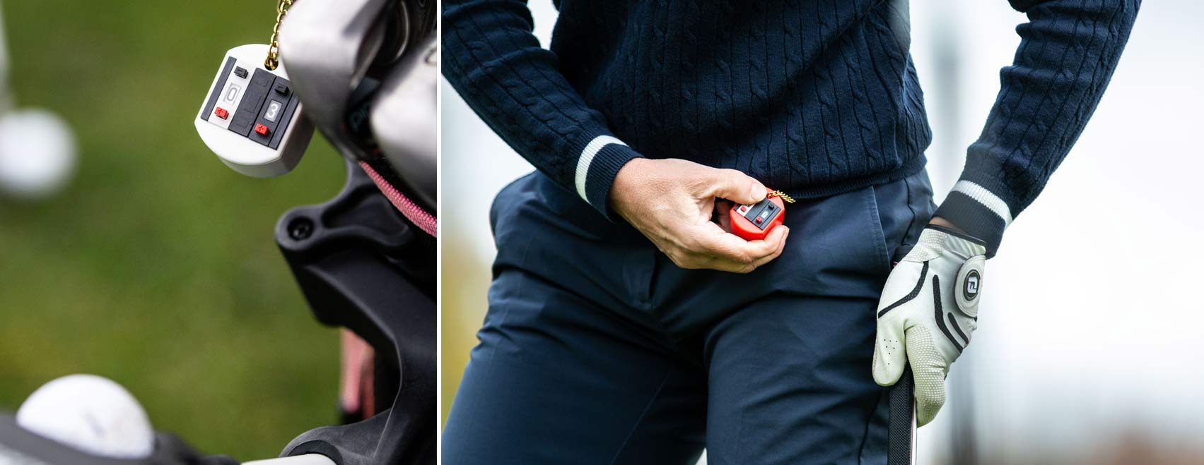 Nutzungsbeispiel des Schallehn Golf Score Zählers: befestigt an der Gürtelschlaufe ganz einfach bedienbar